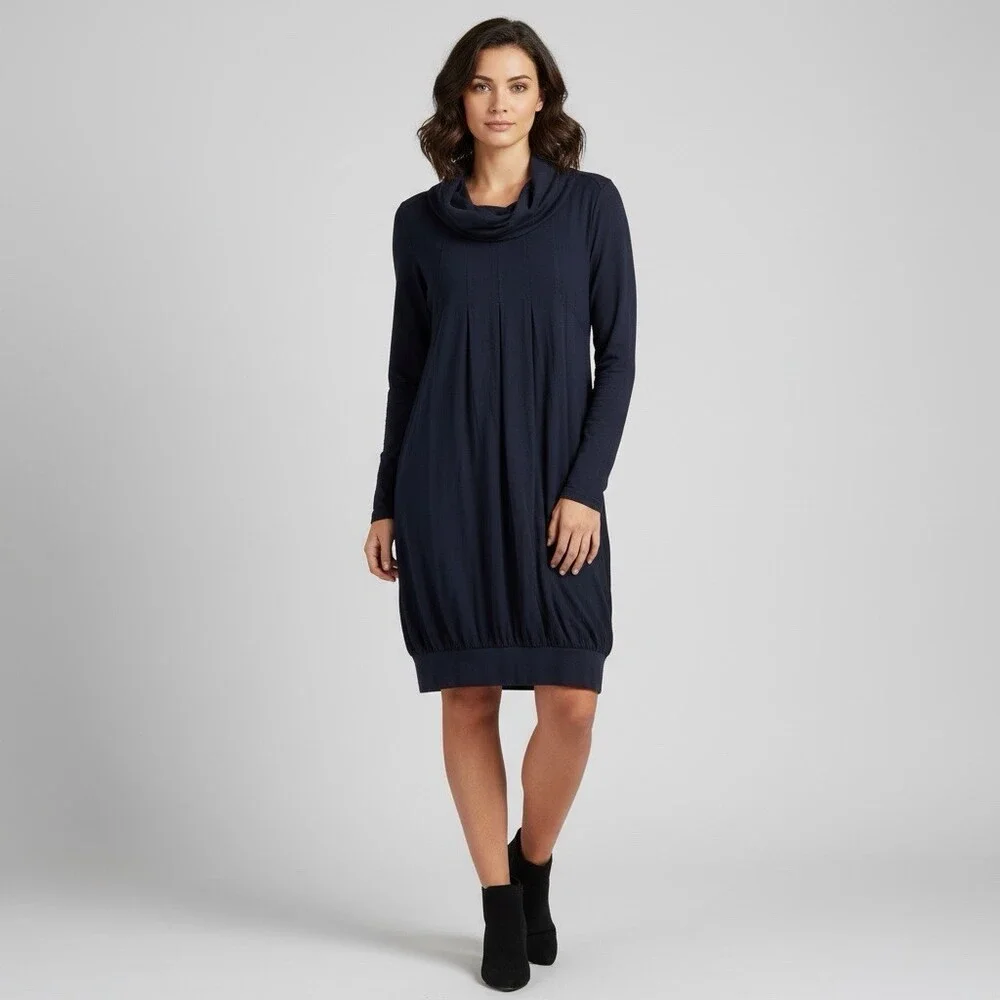 SANDWICH Dress Long Sleeve Cowl Neck Women Size 38 Navy Blue Pleated - Picture 1 of 12